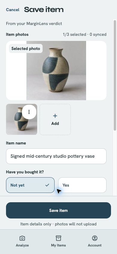 MarginLens item editor with a selected fictional pottery photo and buying status