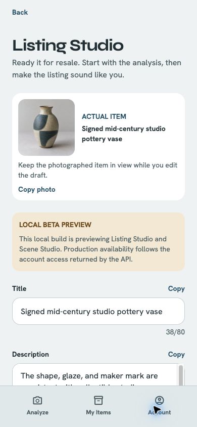 MarginLens Listing Studio development screen with a fictional pottery photo and editable listing draft