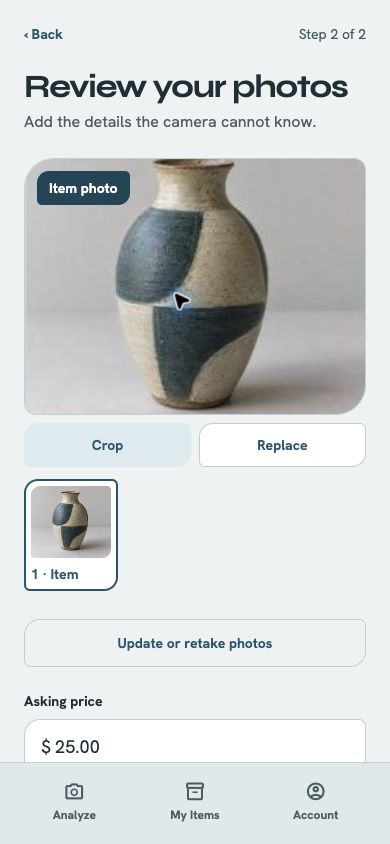 MarginLens photo review with the fictional studio pottery vase, crop and replace controls, and sample asking price