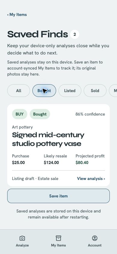 Current MarginLens Saved screen with filters and an illustrative sample find