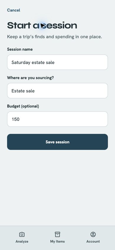 MarginLens sourcing session ready to record finds against an illustrative trip budget