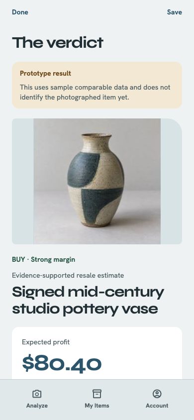 MarginLens prototype verdict with the fictional pottery photo and illustrative resale calculation