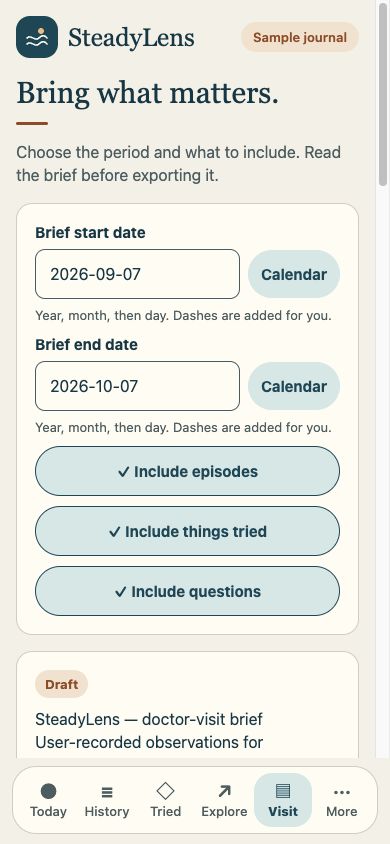 SteadyLens phone-sized visit preparation screen with date range, included sections, and a draft brief