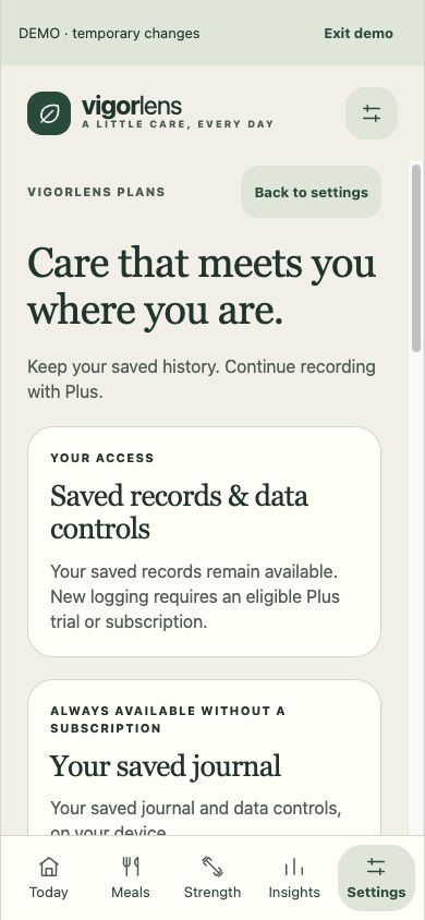 VigorLens access screen describing saved journal access and Plus logging
