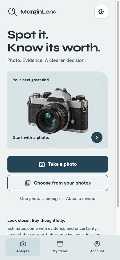 MarginLens Steel Ledger mobile development screen with photo actions